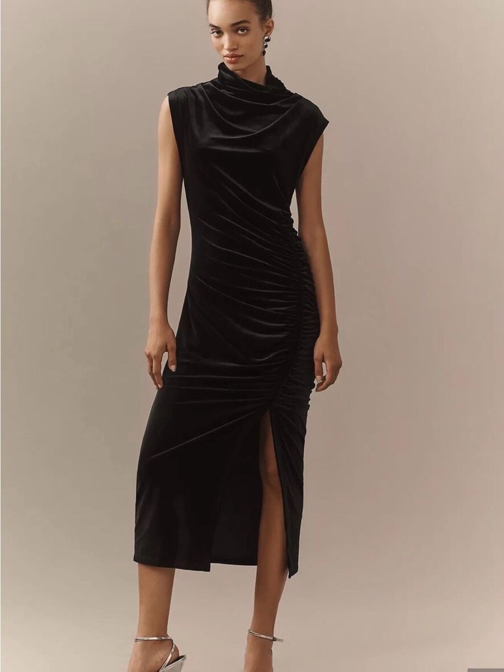 Anthropologie Black Velvet Draped Cowl-Neck Ruched Midi Dress